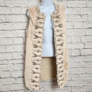 Flying Tomato Vest Women Size Small Faux Fur Pockets Open Front Aztec Embroidery